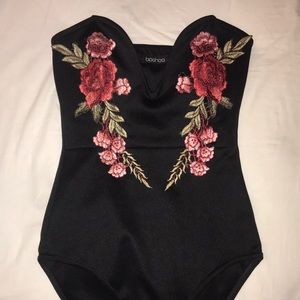 Boohoo Embroidered Strapless Bodysuit
